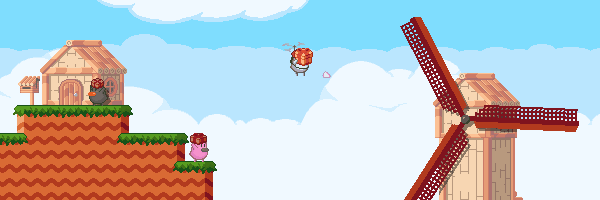 Gameplay clip of Ducky's Delivery Service, a 2D sidescrolling pixel art game. A duck wearing a red hat and a propeller backpack is carrying a large present under a rotating windmill, throwing it into a mailbox, picking up another present, and flying off again. Ducky's Delivery Service gameplay gif