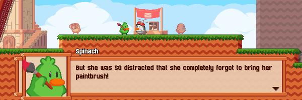 Ducky's Delivery Service cutscene gif. Dialogue from Spinach: But she was SO distracted that she completely forgot to bring her paintbrush! Ducky's Delivery Service cutscene gif