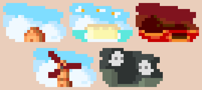 Ultra low resolution pixel art landscapes of areas from Ducky's Delivery Service. From left to right: home, windmill, beach, cave, volcano Ducky's Delivery Service dioramas