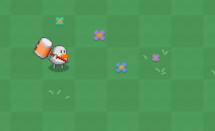 A cartoon duck holding a hammer and hopping around on a tile grid. tile-based movement gif