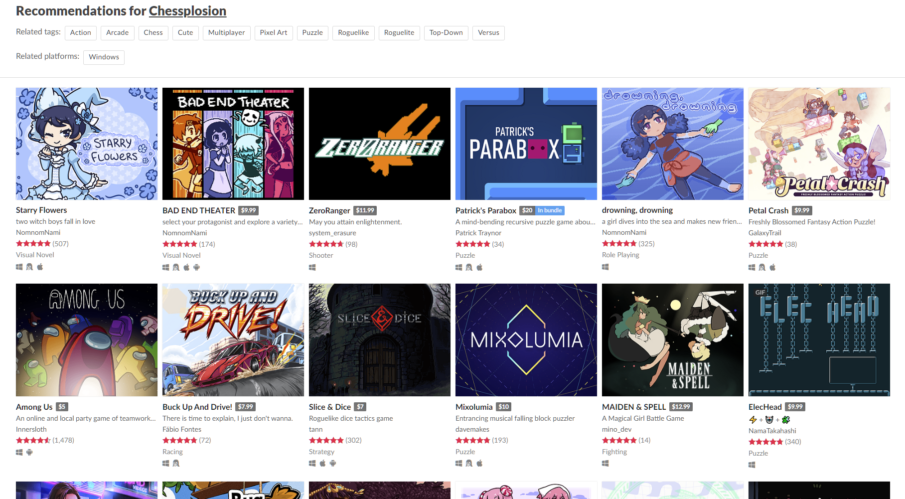 itch.io screenshot with a list of recommended games for Chessplosion fans: Starry Flowers, BAD END THEATER, ZeroRanger, Patrick's Parabox, drowning, drowning, Petal Crash, Among Us, Buck Up and Drive!, Slice & Dice, Mixolumia, MAIDEN & SPELL, ElecHead itch.io recommendations for Chessplosion fans