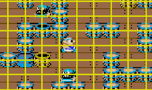 Pirate Ship Higemaru gameplay. A cartoon sailor runs around on a tile grid and throws a barrel at a pirate. Free movement along grid lines gif
