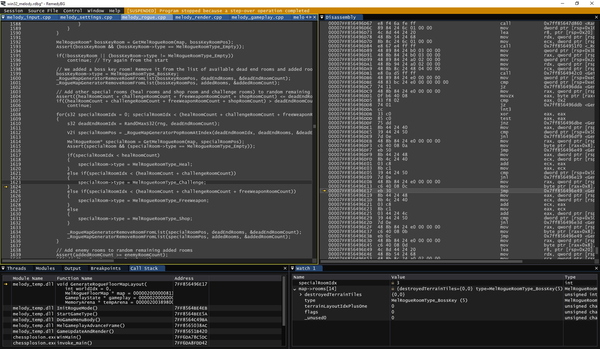 Debugging Chessplosion's dungeon map generator in RemedyBG