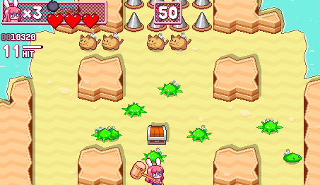 A pink bunny girl hitting some slimes and cats with a hammer. Bunny girl idle